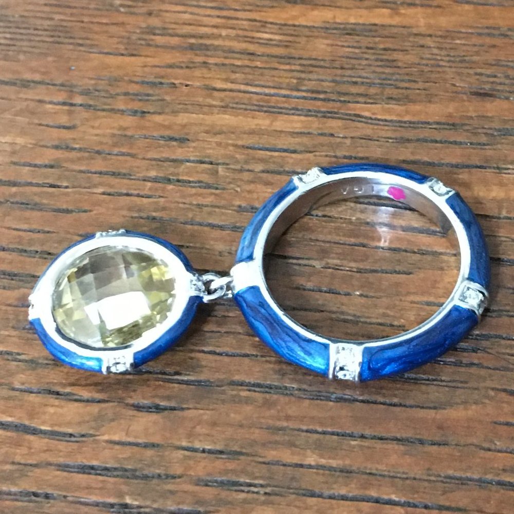 LGA enamel ring with charm, Lauren G. Adams blue enamel ring with charm, size 8